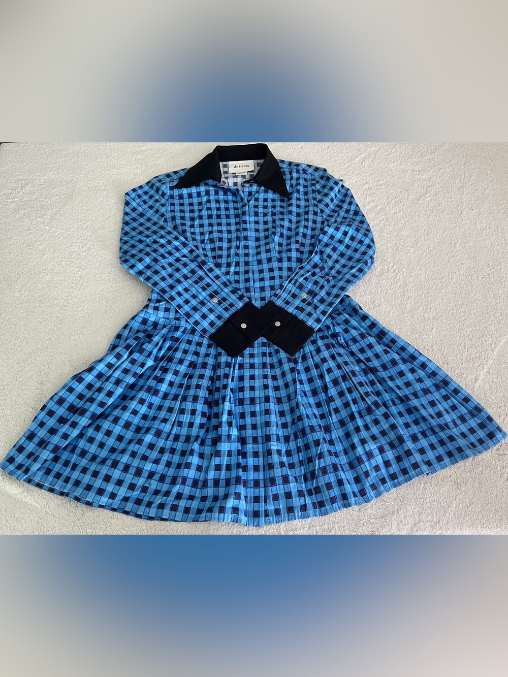 De Loreta Check Prep Blue Black Tapiz Long Sleeve Pleated Dress Large